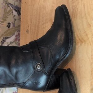 Frye Leather Black Knee High Women's Western Strappy Boots Stacked Heel
